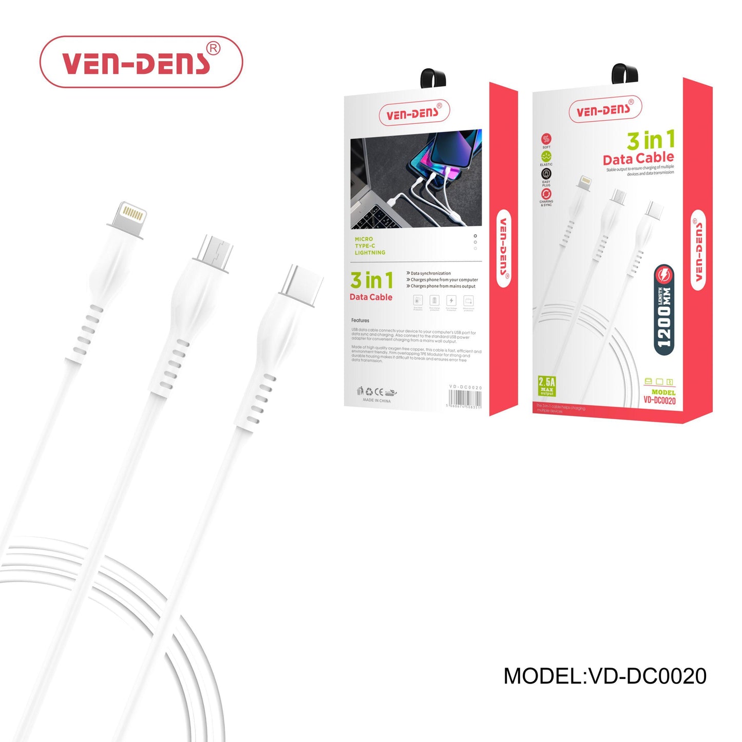 3-in-1 USB to Type C, Lightning and Micro Charging Cable (1.2m)