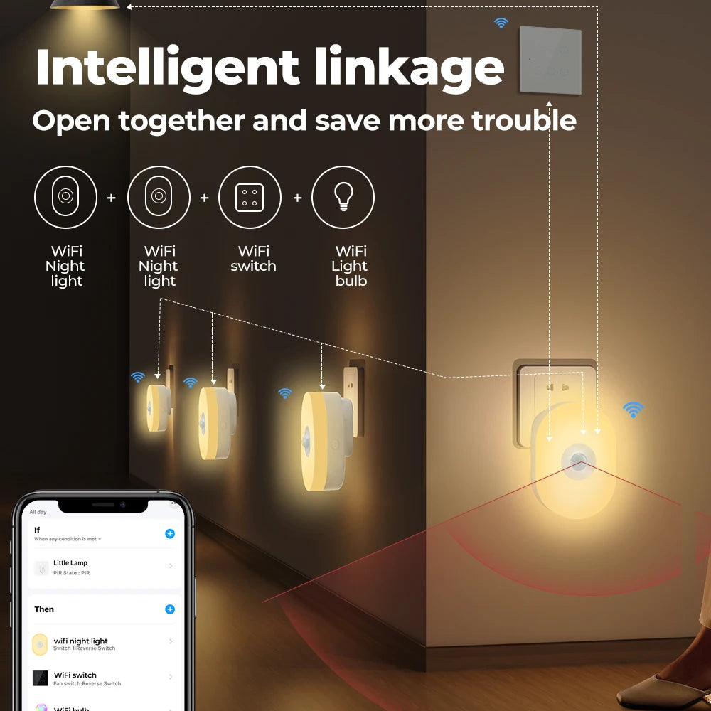 WiFi Smart LED Night Light with PIR Motion Sensor, RGB/Warm White, App/Voice Control for Alexa & Google Home