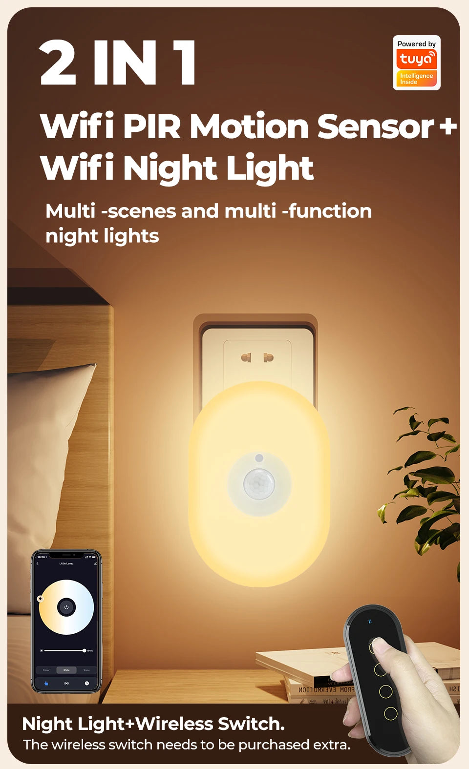 WiFi Smart LED Night Light with PIR Motion Sensor, RGB/Warm White, App/Voice Control for Alexa & Google Home