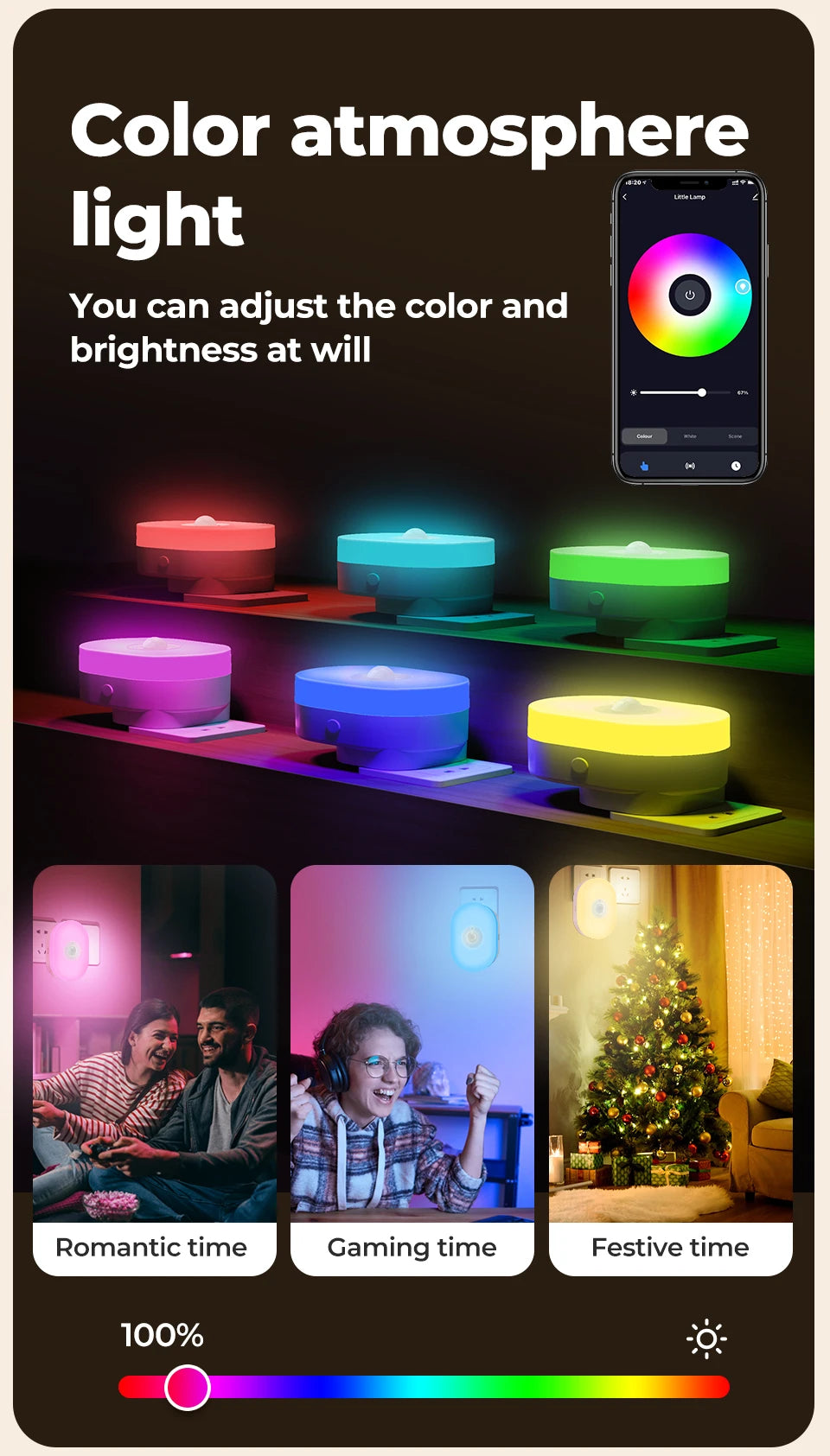 WiFi Smart LED Night Light with PIR Motion Sensor, RGB/Warm White, App/Voice Control for Alexa & Google Home