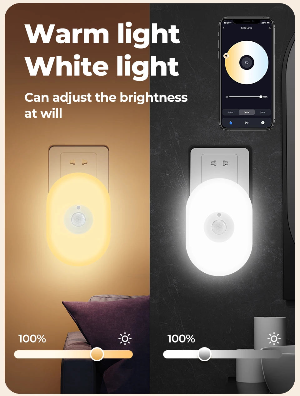 WiFi Smart LED Night Light with PIR Motion Sensor, RGB/Warm White, App/Voice Control for Alexa & Google Home